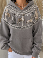 Women's Vintage Whippet Dogs Yoke Isle Pattern Print Cozy Hoodie