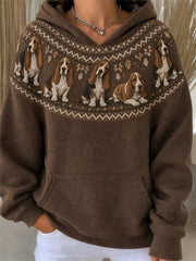 Women's Vintage Basset Hound Dogs Yoke Isle Pattern Print Cozy Hoodie