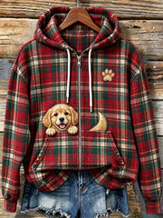Women's Cute Peeking Golden Retriever Christmas Plaid Print Zip-Up Hoodie