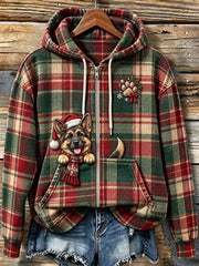 Women's Cute Peeking German Shepherd Christmas Plaid Print Zip-Up Hoodie