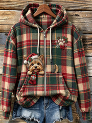 Women's Cute Peeking Yorkshire Terrier Christmas Plaid Print Zip-Up Hoodie