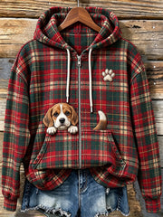 Women's Cute Peeking Beagle Christmas Plaid Print Zip-Up Hoodie