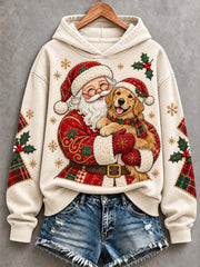 Women's Christmas Santa Claus Golden Retriever Patchwork Print Casual Hoodie