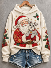 Women's Christmas Santa Claus  Schnauzer Patchwork Print Casual Hoodie