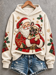 Women's Christmas Santa Claus French Bulldog Patchwork Print Casual Hoodie