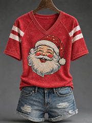 Women's Vintage Santa Claus Print V-neck off-shoulder short-sleeved T-shirt