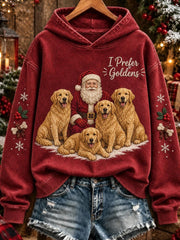 Women's Christmas I Prefer Goldens Santa Claus & Dogs Print Hoodie
