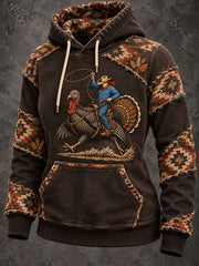 Women's Western Cowboy Turkey Print Hooded Sweatshirt With Pockets