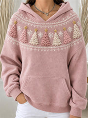 Women's Vintage Pink Christmas Trees Snowflakes Yoke Isle Pattern Print Hoodie