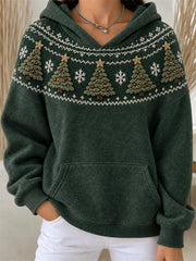Women's Vintage Christmas Trees Snowflakes Yoke Isle Pattern Print Hoodie