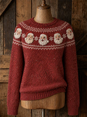 Women's Vintage Christmas Santa Claus Snowflakes Yoke Isle Print crew neck sweater
