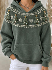 Women's Vintage Christmas Trees Snowflakes Yoke Isle Pattern Print Hoodie