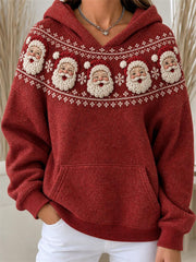 Women's Vintage Christmas Santa Claus Snowflakes Yoke Isle Pattern Print Hoodie