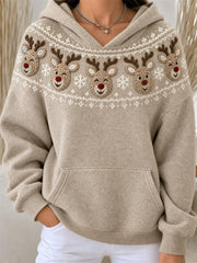 Women's Vintage Christmas Reindeers Snowflakes Yoke Isle Pattern Print Hoodie