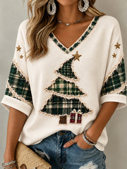 Women's Christmas Tree Art  Mid-length Sleeves V-Neck T-Shirt