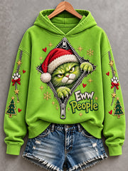 Women's Christmas Funny Cat Eww, People Print Casual Hoodie