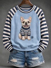 Women's Cute French Bulldog Print Striped Raglan Sleeve Sweatshirt