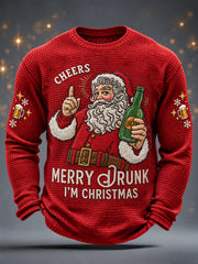 Men's Christmas Funny Santa Claus Cheers Print Casual Waffle Long Sleeve T-Shirt