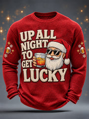 Men's Christmas Funny Santa Claus Up All Night To Get Lucky Beer Print Casual Waffle Long Sleeve T-Shirt