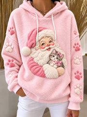 Women's Santa Claus and Cat Pink Christmas Print Casual Flannel Hoodie