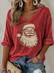 Women's  Retro Santa Claus Christmas Print Casual Mid-length Sleeves V-Neck T-Shirt