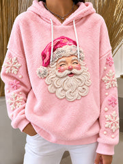 Women's Santa Claus Pink Christmas Print Casual Flannel Hoodie