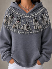 Women's Vintage Norwegian Elkhound Dogs Yoke Isle Pattern Print Hoodie