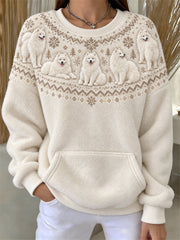 Women's Vintage Samoyed Dogs Yoke Isle Pattern Print Flannel Sweatshirt