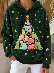 Women's Cat Christmas Tree Print Flannel Hoodie