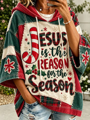 Women's Christmas Color Block Patchwork Design Jesus Is The Reason For The Season Pattern Casual Hoodie