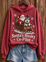 Women's Christmas Santa's Husky Co-Pilot Print Cozy Hoodie