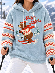 Women's Cute Funny Bear Skiing Print Casual Flannel Hoodie