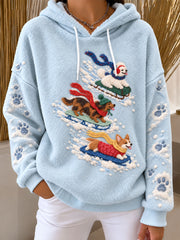 Women's Skiing Dog Fun Print Casual Flannel Hoodie