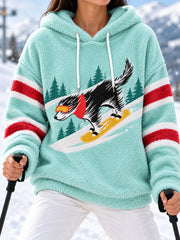 Women's Cute Funny Dog Skiing Print Casual Flannel Hoodie