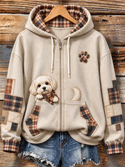 Women's Cute Peeking Maltese Plaid Patchwork Print Zip-Up Hoodie
