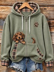 Women's Cute Peeking Dachshund Plaid Patchwork Print Zip-Up Hoodie
