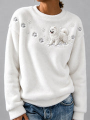 Women's Samoyed Dog in the Snow Paw Prints & Snowflakes Print Flannel Sweatshirt