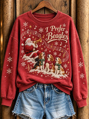 Women's Christmas Music-Themed Beagles and Santa Claus Pattern Casual Sweatshirt
