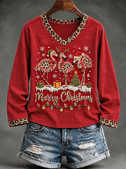 Women's Merry Christmas Leopard Flamingos Print Casual Long-Sleeve V-Neck T-Shirt