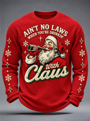 Men's Christmas Santa Claus Drink Beer Print Casual Waffle Long Sleeve T-Shirt
