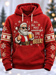 Men's Christmas Santa Claus Drink Beer Print Casual Oversized Drop-Shoulder Hoodie with Pockets