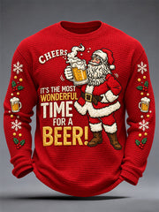 Men's Christmas Santa Claus Drink Beer Print Casual Waffle Long Sleeve T-Shirt