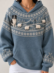 Women's Vintage Border Collie & Sheep Farm Landscape Yoke Isle Print Hoodie