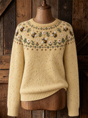 Women's Vintage Flying Bees Daisy Floral Yoke Isle Print crew neck sweater