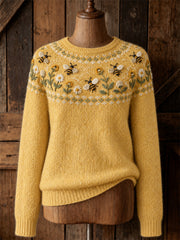 Women's Vintage Flying Bees Daisy Floral Yoke Isle Print crew neck sweater