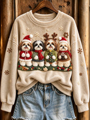 Women's Cute Shih Tzu Christmas Dogs Print Flannel Sweatshirt
