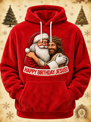 Men's Funny Christmas Jesus And Santa Claus Print Casual Flannel Hoodie