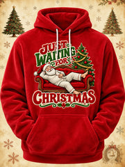 Men's Funny Santa Claus Just Waiting For Christmas Print Casual Flannel Hoodie