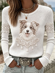 Women’s Border Collie-Print Waffle-Knit T-Shirts