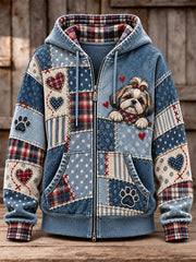Women's Cute Patchwork Dog Print Zip-Up Hoodie
